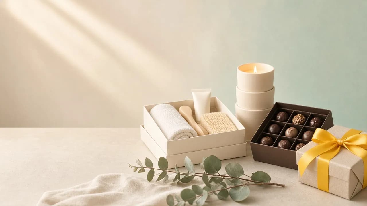 Wrapped gift boxes with ribbons beside a candle and a small plant