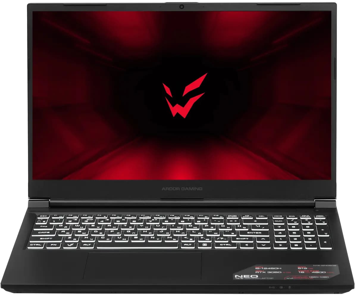 15.6" laptop ARDOR GAMING NEO N15-I5ND602 black [English/Russian layout, 1920x1080, IPS, Intel Core i5-12450H, cores: 4 x 2 GHz + 4 x 1.5 GHz, RAM 16 GB, SSD 512 GB, GeForce RTX 30