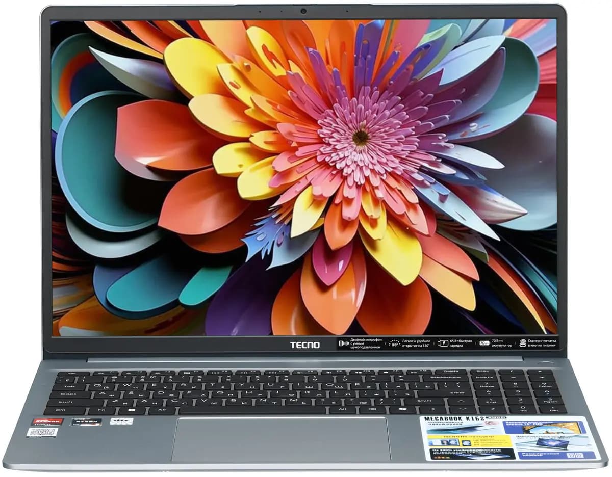 16" laptop Tecno Megabook K16S gray [English/Russian layout, 1920x1200, IPS, AMD Ryzen 5 7430U, cores: 6 x 2.3 GHz, RAM 16 GB, SSD 1000 GB, AMD Radeon Graphics, Windows 11 Home]