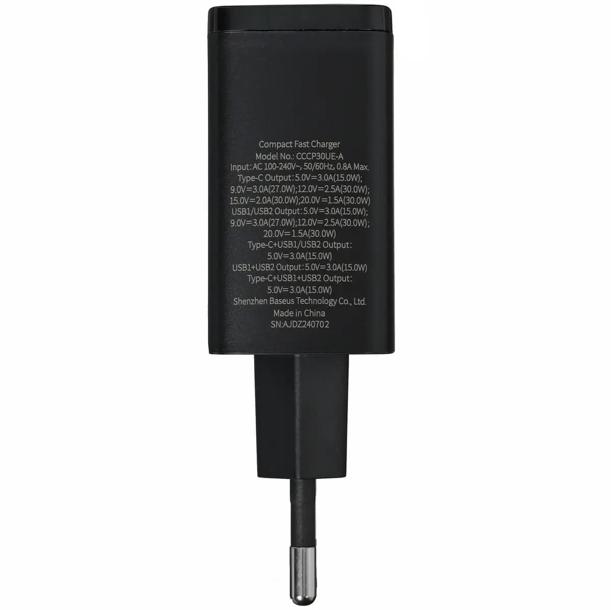 Wall charger Baseus Compact 2U+C black [power - 30 W, 3 A, up to 20 V, without cable, Apple PD, BC1.2, PD 3.0, QC 3.0]