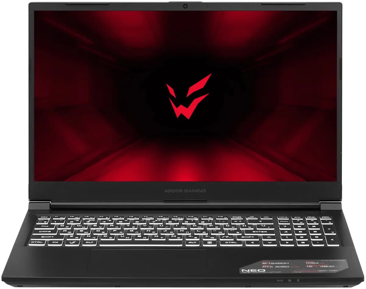 15.6" laptop ARDOR Gaming NEO N15-I5ND608 black [English/Russian layout, 1920x1080, IPS, Intel Core i5-12450H, cores: 4 x 2 GHz + 4 x 1.5 GHz, RAM 16 GB, SSD 1000 GB, GeForce RTX 4