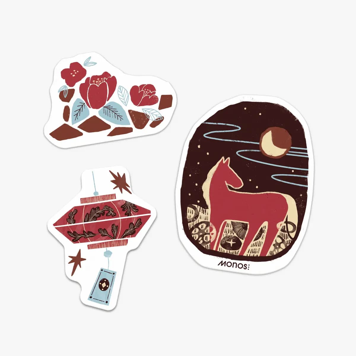 Monos Lunar New Year Stickers Horse [Set of three matte vinyl stickers, Adheres securely to any Monos suitcase, Original artwork by Melanie Choi]