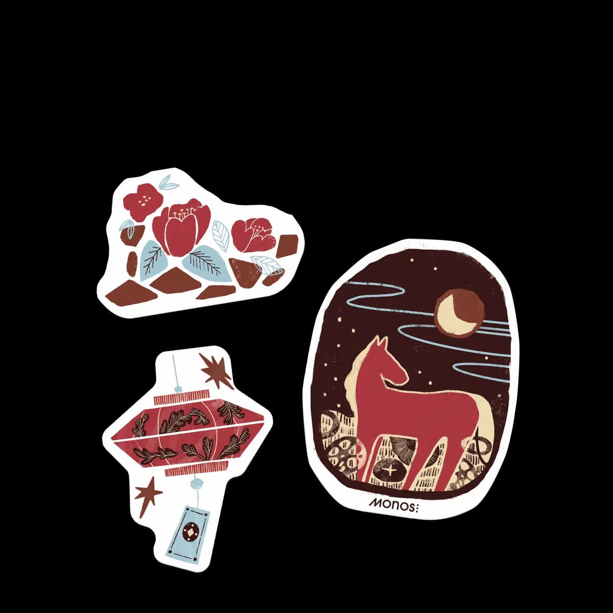 Monos Lunar New Year Stickers Horse [Set of three matte vinyl stickers, Adheres securely to any Monos suitcase, Original artwork by Melanie Choi]