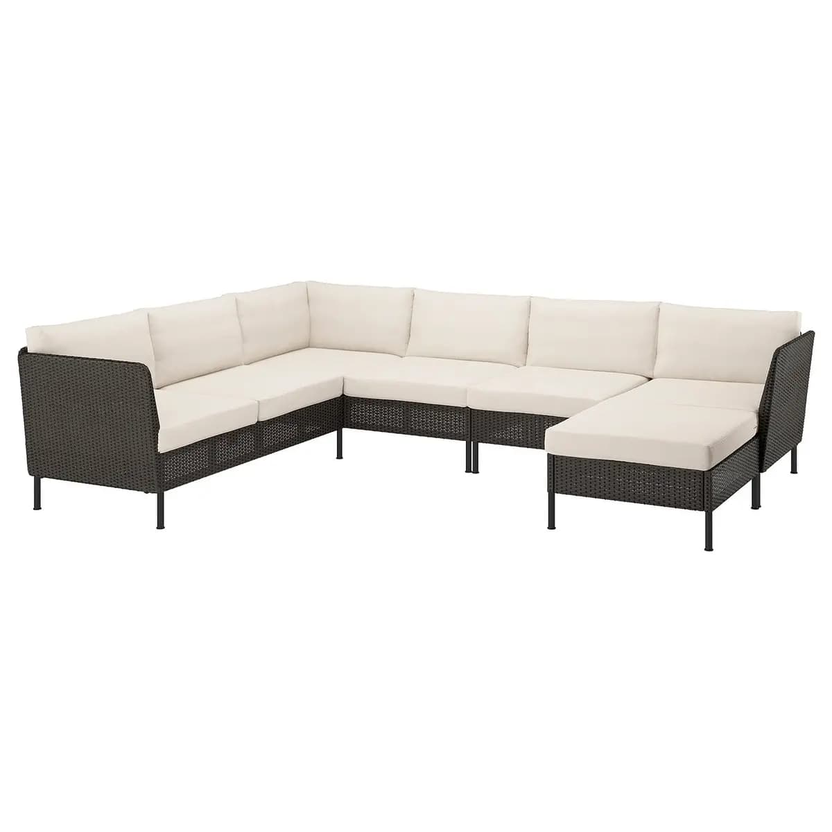 IKEA VITTSKÄR 5-seat modular corner sofa, outdoor plastic rattan dark gray/Frösön/Duvholmen beige [Width left 101 5/8 ", Width right 133 1/8 ", Depth chaise 66 1/2 "]
