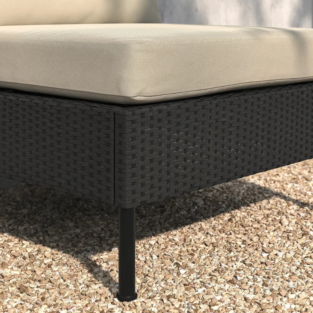 IKEA VITTSKÄR 5-seat modular corner sofa, outdoor plastic rattan dark gray/Frösön/Duvholmen beige [Width left 101 5/8 ", Width right 133 1/8 ", Depth chaise 66 1/2 "]