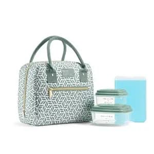Fit & Fresh Bloomington Lunch Bag - Sage Tesselating Geo: Insulated Lunchbox Set [Number of Pieces 5, Dimensions (Overall) 8.5 Inches (H) x 10 Inches (W) x 5.5 Inc, Closure Type Zi