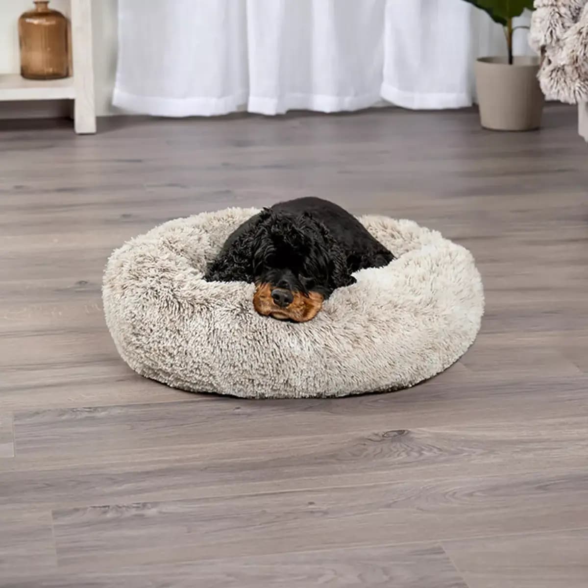 FurHaven Tan Medium Calming Cuddler Donut Pet Bed - Driftwood 23Lx23W [Description and Overview FurHaven Calming Cuddler Donut Pet Beds, Features COMFORT AS PRIORITY: The bolstered