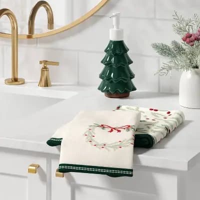 Wondershop 2pk Wreath Christmas Hand Towel Set Ivory/White - Wondershopâ„¢ [100% Cotton, Lightweight (300-450 GSM), OEKO-TEX MADE IN GREEN]