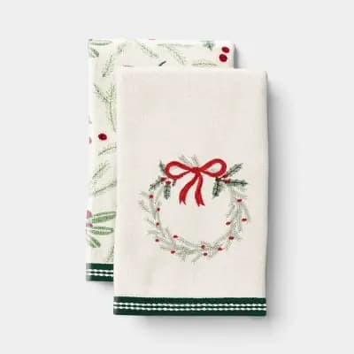 Wondershop 2pk Wreath Christmas Hand Towel Set Ivory/White - Wondershopâ„¢ [100% Cotton, Lightweight (300-450 GSM), OEKO-TEX MADE IN GREEN]