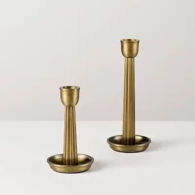Hearth & Hand with Magnolia 2pk Brass Ribbed Candle Holders - Hearth & Handâ„¢ with Magnolia [Taper, 1 Candle, Aluminum]