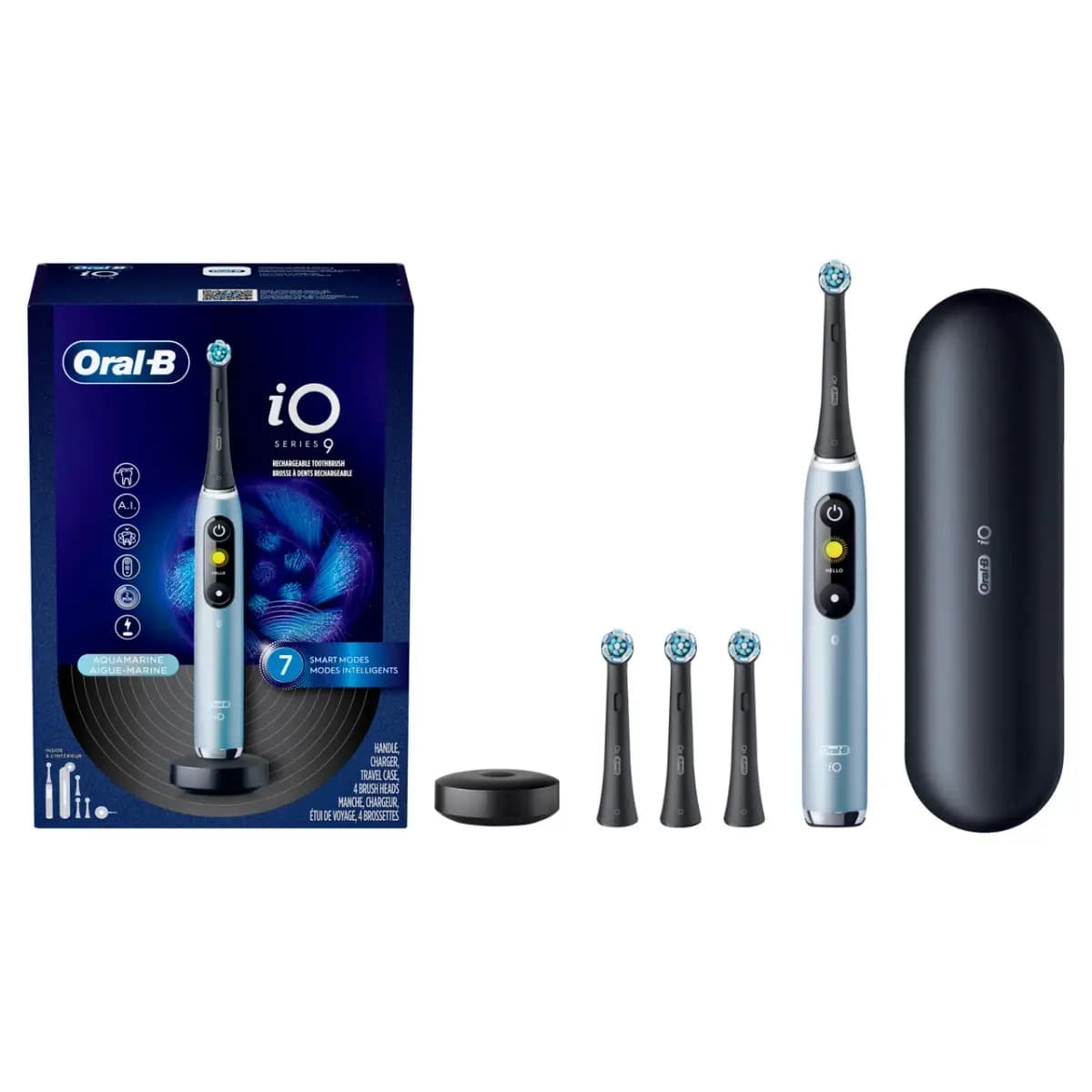 Oral-B iO Series 9 Rechargeable Electric Toothbrush, Aqua Marine [Our dentist-inspired round brush head reaches deep between teeth to remove 100% more plaqu, Smart Pressure Sensor,