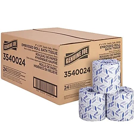 Genuine Joe 2-ply Bath Tissue Rolls - 2 Ply - 4" Width x 3.75" Length - 400 Sheets/Roll - Embossed - White - 24 / Carton [color White, size class Standard, number of sheets per rol