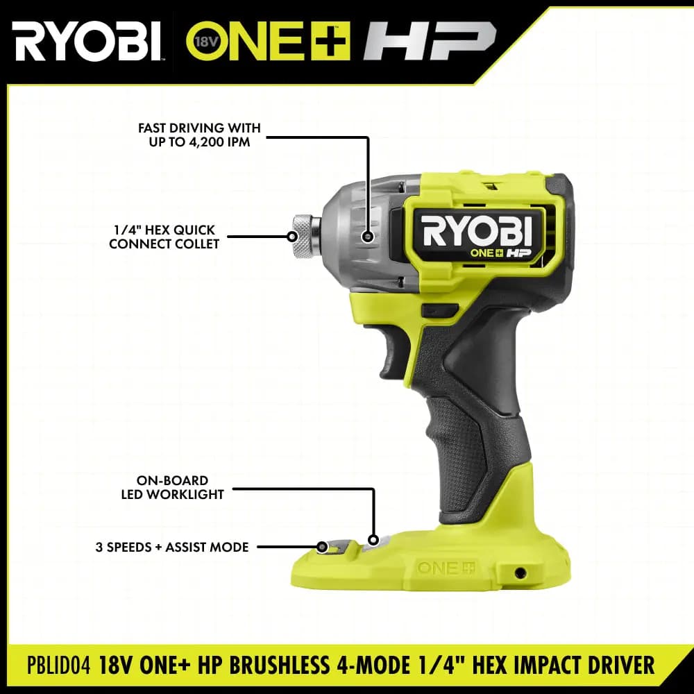 RYOBI 18V ONE+ HP Brushless 4-Mode 1/4" Hex Impact Driver [Collet 1/4" Hex, RPM 0 - 3,400, Torque Up to 2,300 in-lbs.]
