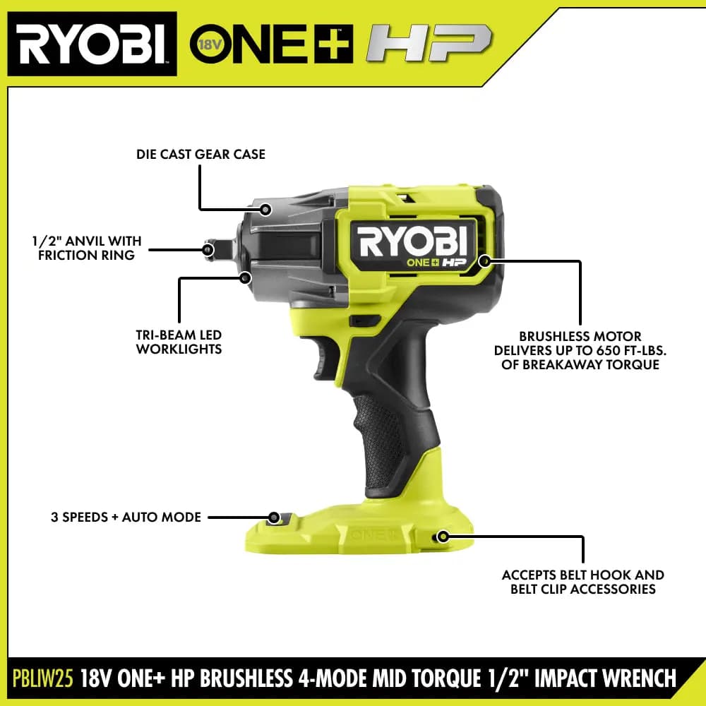 RYOBI 18V ONE+ HP 4-Mode Mid Torque 1/2" Impact Wrench [model PBLIW25, tool_type Impact Wrench, anvil 1/2" with friction ring]