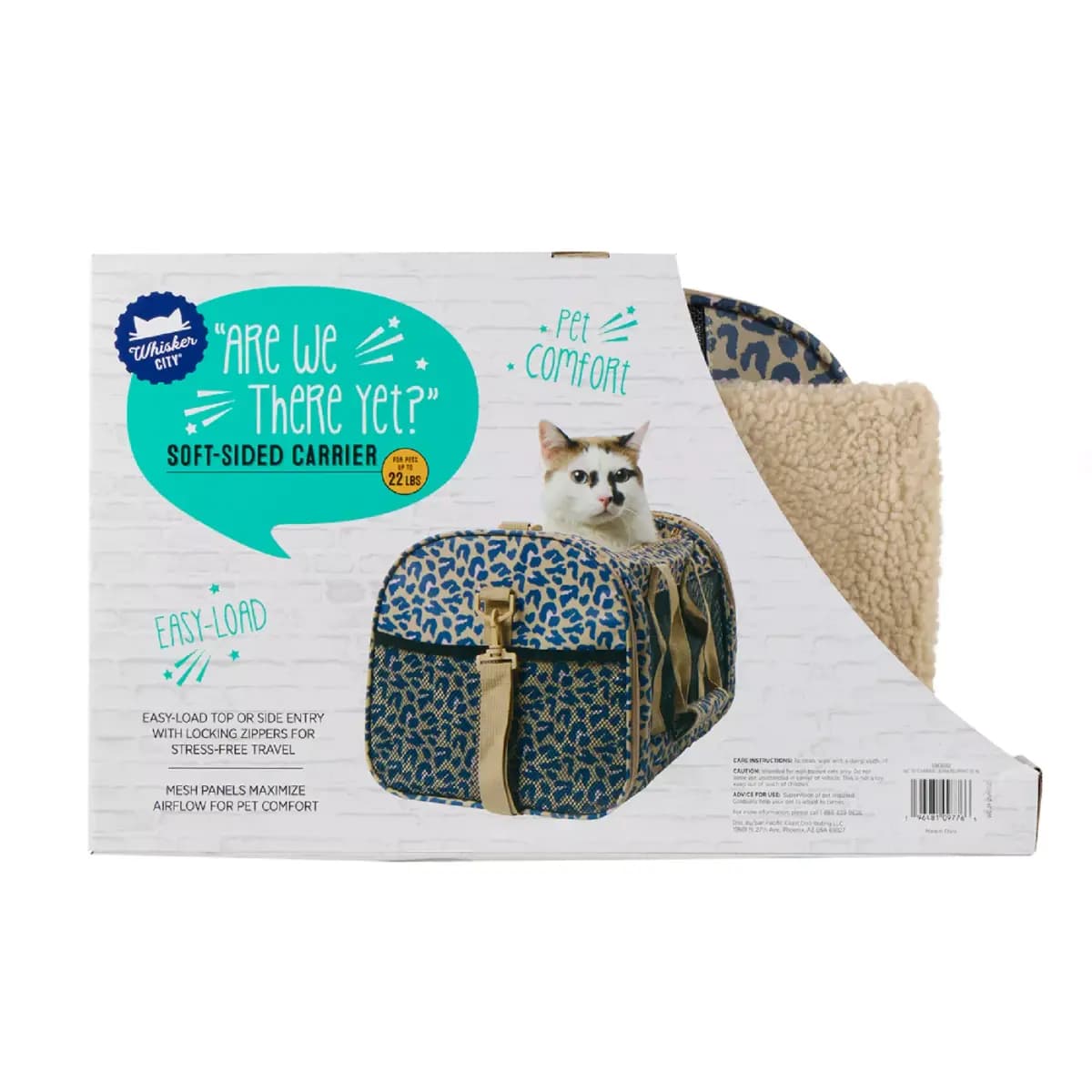 Whisker City® Soft-Sided Cat Carrier, up to 22 lbs [Includes 1 Cat Carrier, Intended Pet(s) For cats up to 22 lbs, Color Tan, Blue, Product Dimensions 19 in L X 11 in W X 11 in H (