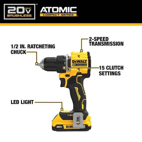 DEWALT Atomic 20V Lithium-Ion Cordless Compact 1/2 in. Drill/Driver Kit with 2.0Ah Battery and Charger, DCD794D1 [Battery Amp Hours: 2 Ah, Battery Power Type: Lithium Ion, Battery 