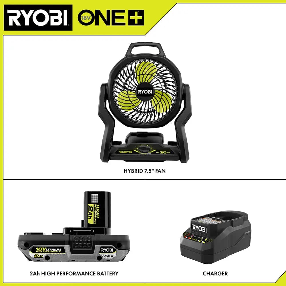 RYOBI LIMITED EDITION 18V ONE+ Hybrid WHISPER SERIES 7-1/2 in. Fan Kit [Medium Speed (RPM) 1,500, High Speed (RPM) 1,850, Low Speed (RPM) 930]