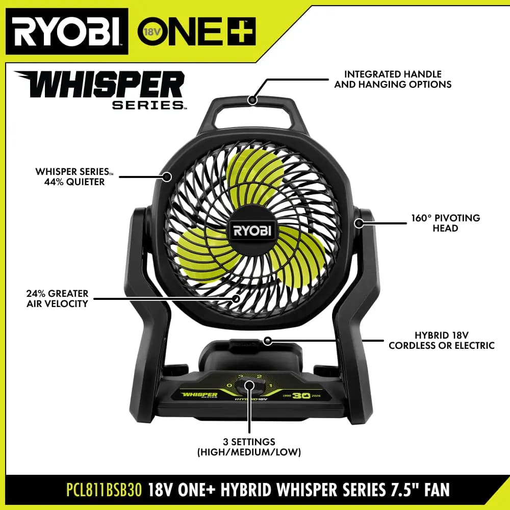RYOBI LIMITED EDITION 18V ONE+ Hybrid WHISPER SERIES 7-1/2 in. Fan Kit [Medium Speed (RPM) 1,500, High Speed (RPM) 1,850, Low Speed (RPM) 930]