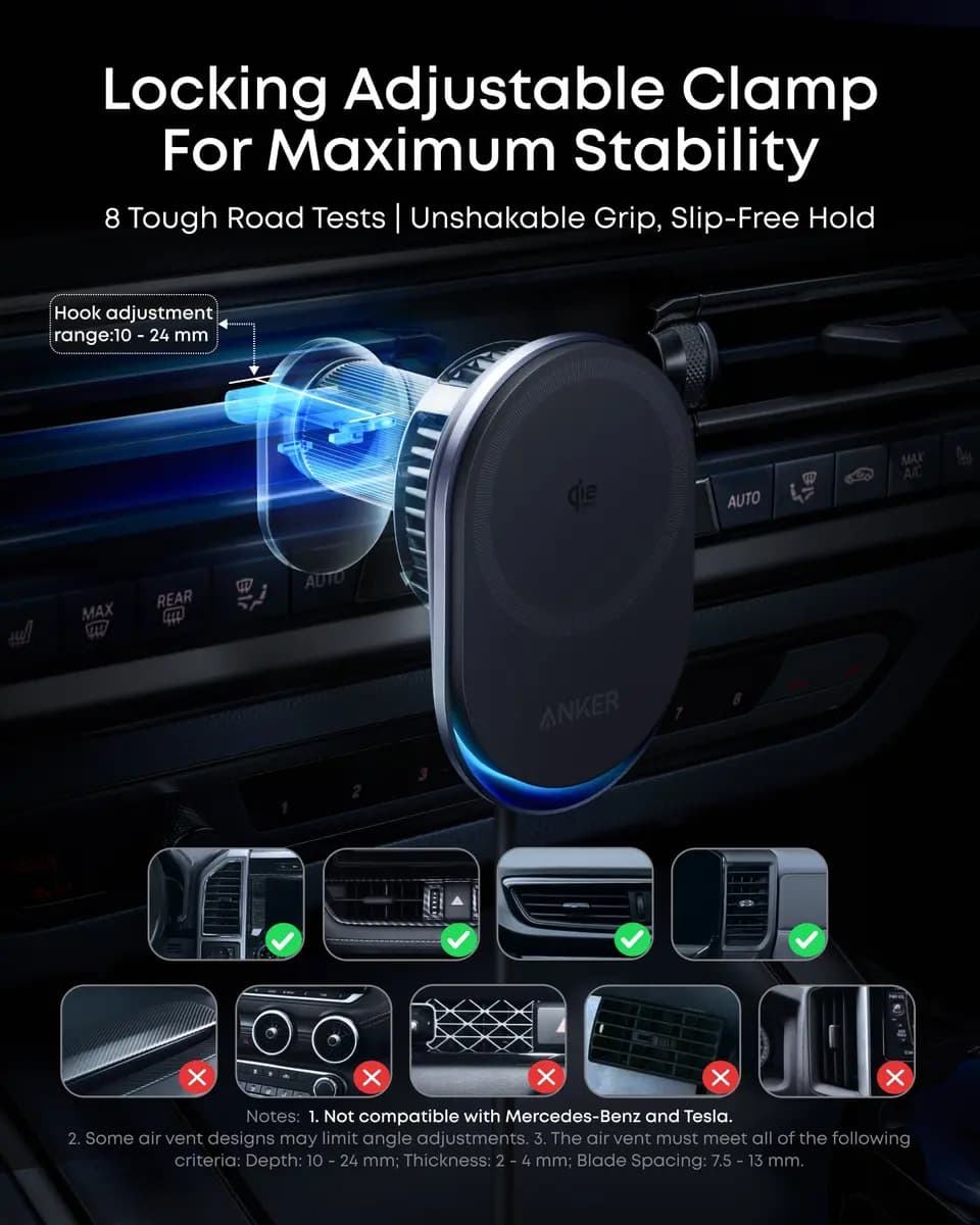 Anker Prime Wireless Car Charger (MagGo, AirCool, Pad) [25W Max, 15V⎓3A, Phone: 25W Max]