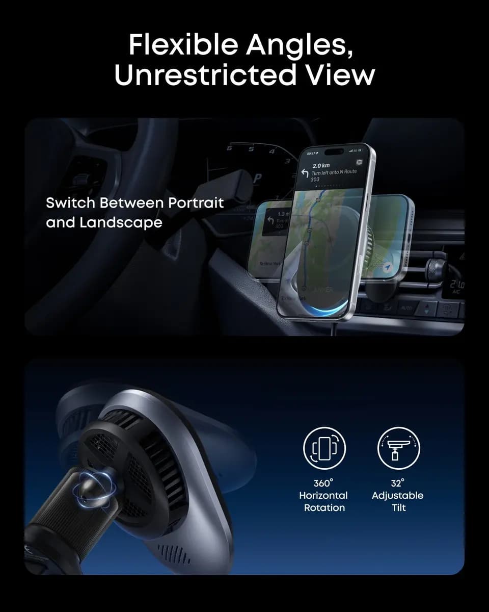 Anker Prime Wireless Car Charger (MagGo, AirCool, Pad) [25W Max, 15V⎓3A, Phone: 25W Max]