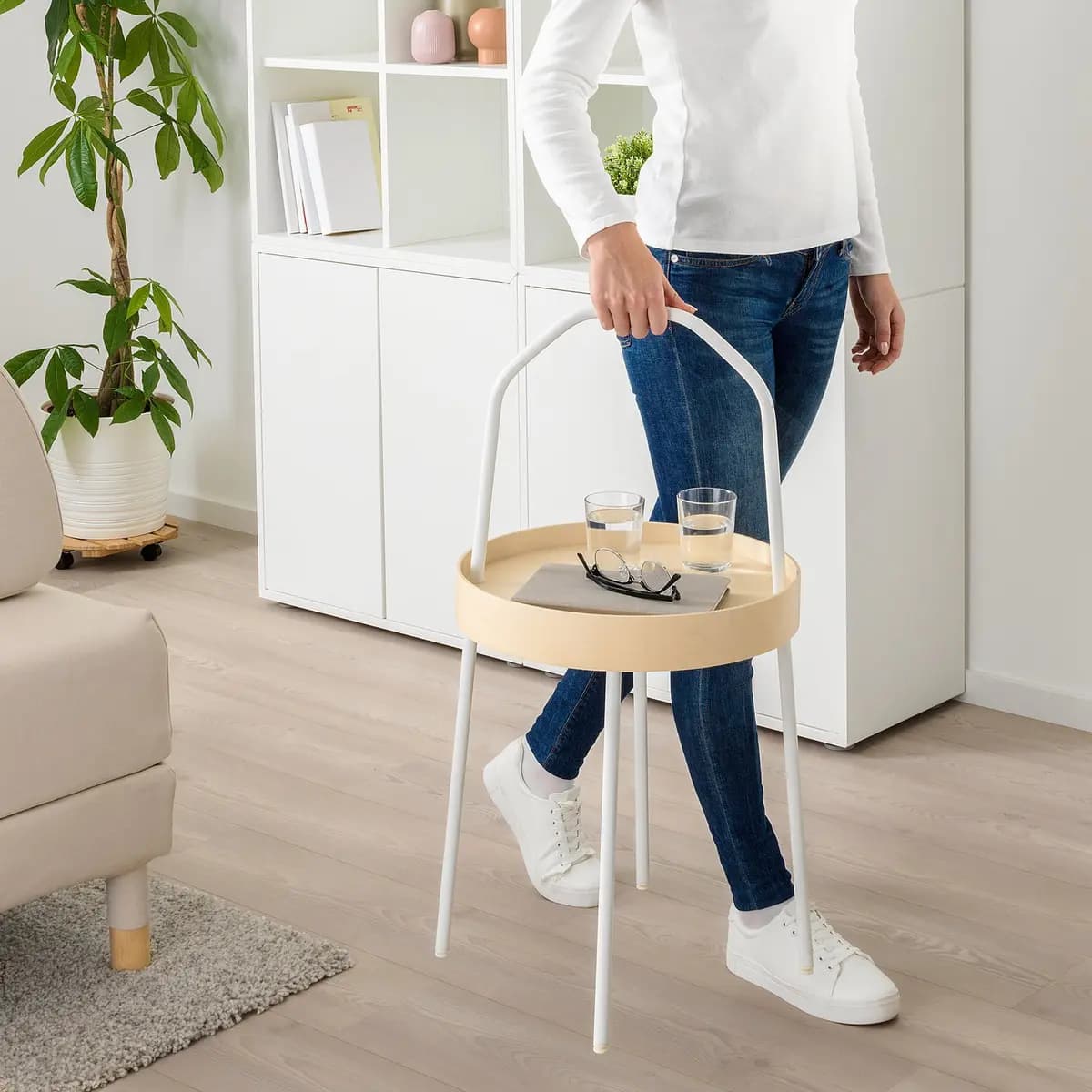 IKEA BURVIK Side table, white [Height 17 3/4 ", Height including handle 30 3/4 ", Diameter 15 "]