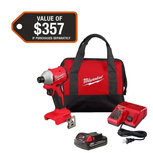 Milwaukee M18 18-Volt Lithium-Ion Compact Brushless Cordless 1/4 in. Impact Driver Kit with One 2.0 Ah Battery, Charger & Tool Bag, 3650-21P [Battery Amp Hours: 2 Ah, Battery Power