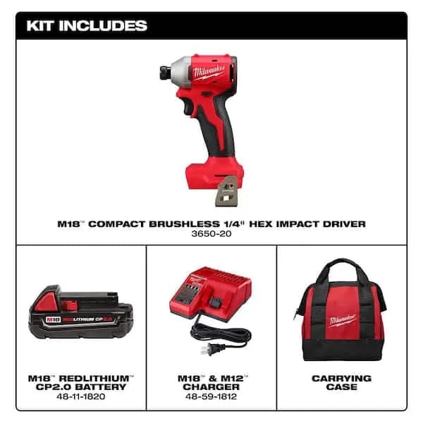 Milwaukee M18 18-Volt Lithium-Ion Compact Brushless Cordless 1/4 in. Impact Driver Kit with One 2.0 Ah Battery, Charger & Tool Bag, 3650-21P [Battery Amp Hours: 2 Ah, Battery Power