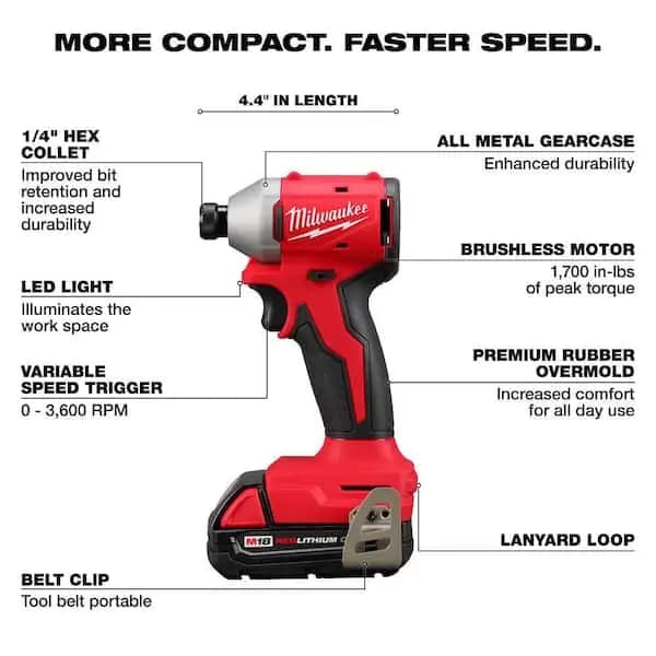 Milwaukee M18 18-Volt Lithium-Ion Compact Brushless Cordless 1/4 in. Impact Driver Kit with One 2.0 Ah Battery, Charger & Tool Bag, 3650-21P [Battery Amp Hours: 2 Ah, Battery Power