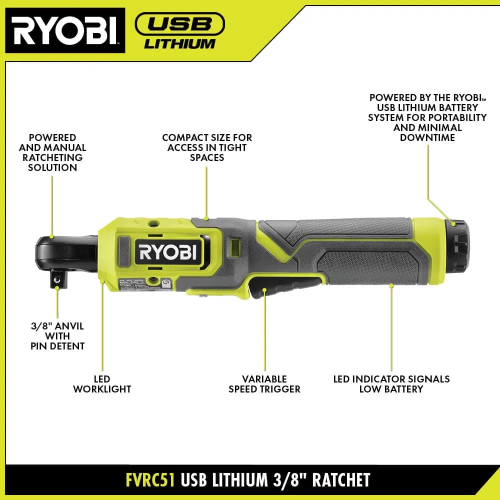 RYOBI USB Lithium 3/8" Light Duty Ratchet Kit [Voltage 4V, Battery Capacity 2Ah, USB Cable 21"]