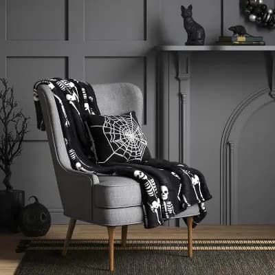 Hyde and EEK! Boutique Halloween Skeletons Throw Blanket Black/Ivory - Hyde and EEK! Boutiqueâ„¢ [100% Recycled Polyester, Lightweight Fabric, M2AMMDX36]
