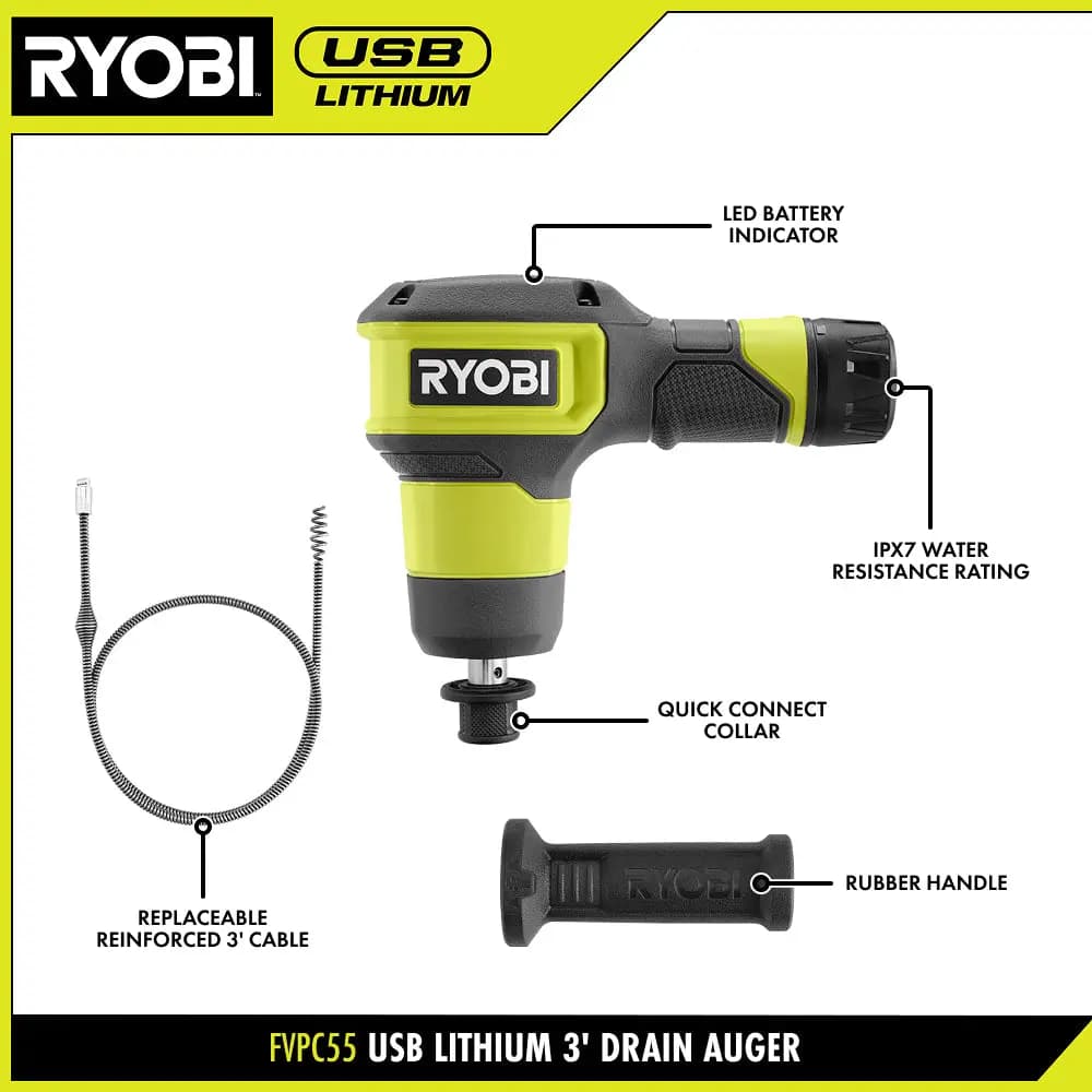 RYOBI USB Lithium Cordless Drain Auger with 2.0 Ah USB Lithium Battery and Charging Cable [Capacity 3Ah, Voltage 4V, USB Cable 21"]