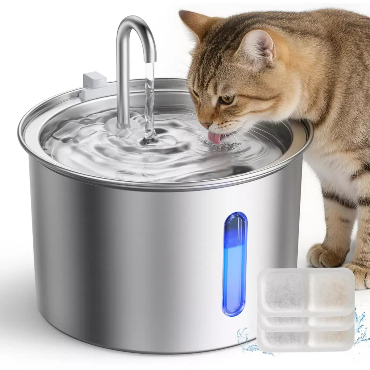 Oneisall 2 Liter Stainless Steel Cat Water Fountain W/ 3-Layer Filtration & Faucet Design [Intended for Cat, Dimensions 7.09 in x 7.09 in 4.72 in, Total Weight 1.5 lbs, Company Tag