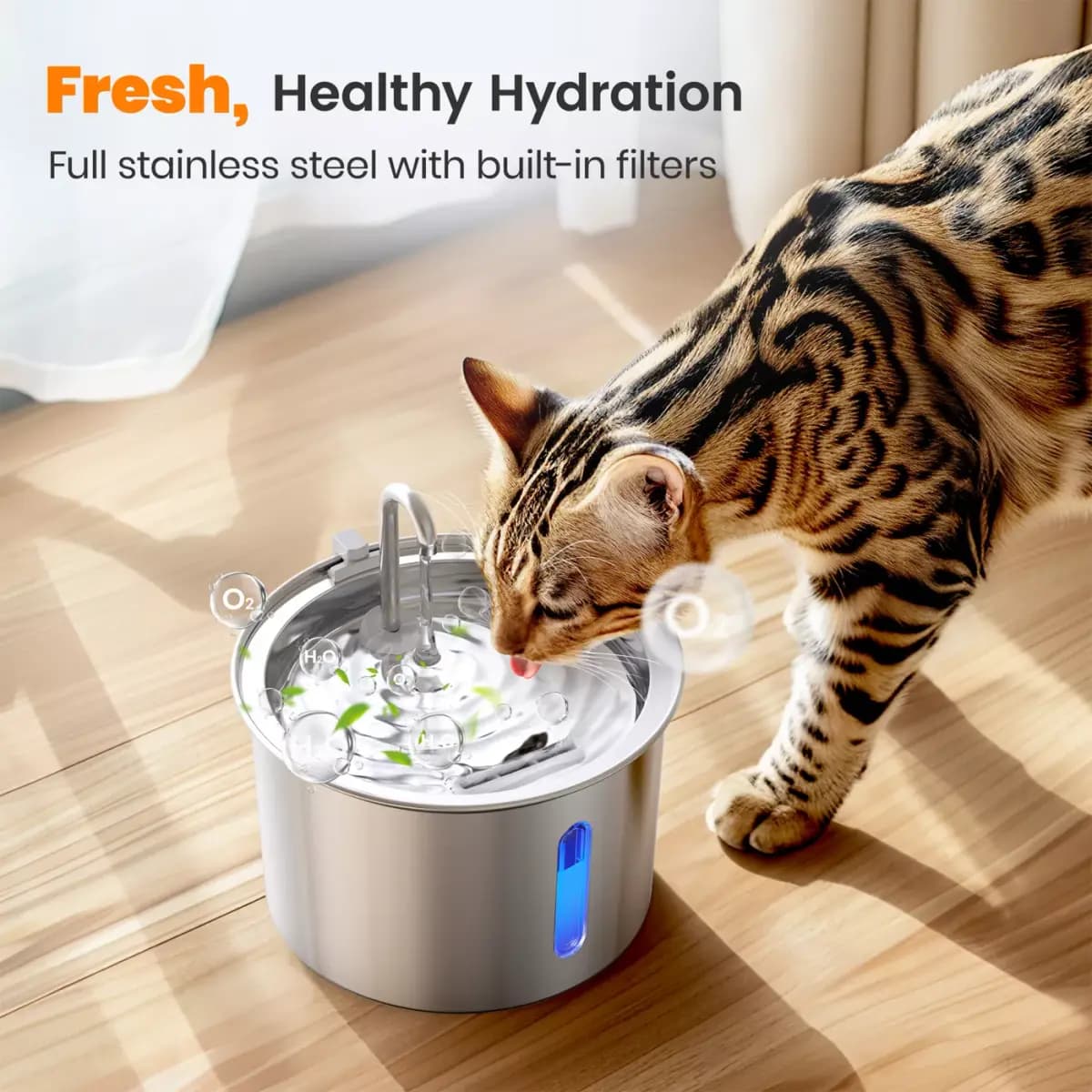 Oneisall 2 Liter Stainless Steel Cat Water Fountain W/ 3-Layer Filtration & Faucet Design [Intended for Cat, Dimensions 7.09 in x 7.09 in 4.72 in, Total Weight 1.5 lbs, Company Tag