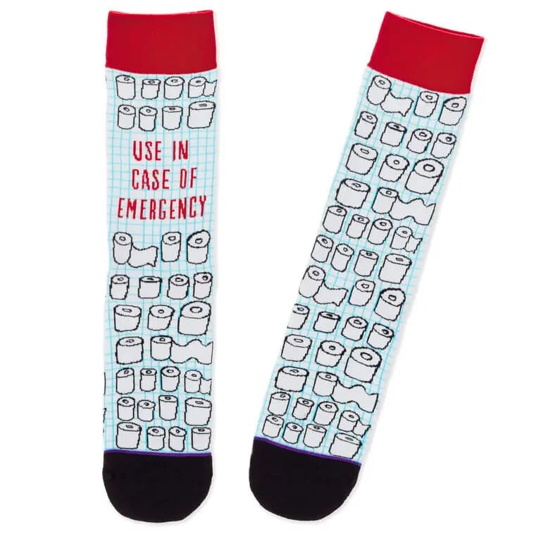 Emergency Toilet Paper Funny Crew Socks [Novelty crew socks feature a design, Use in case of emergency., Reinforced toes and heels., Cotton, polyester, nylon, spandex, r]