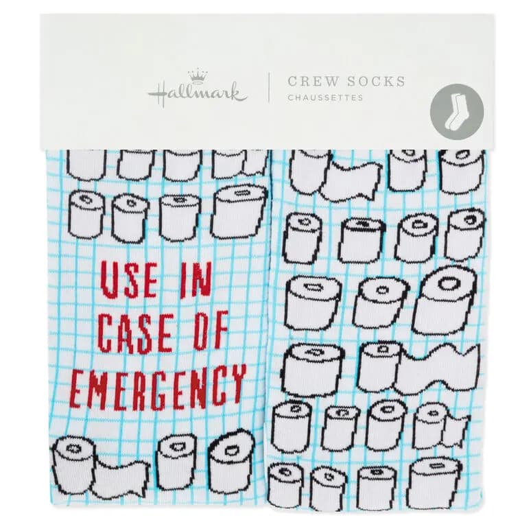 Emergency Toilet Paper Funny Crew Socks [Novelty crew socks feature a design, Use in case of emergency., Reinforced toes and heels., Cotton, polyester, nylon, spandex, r]