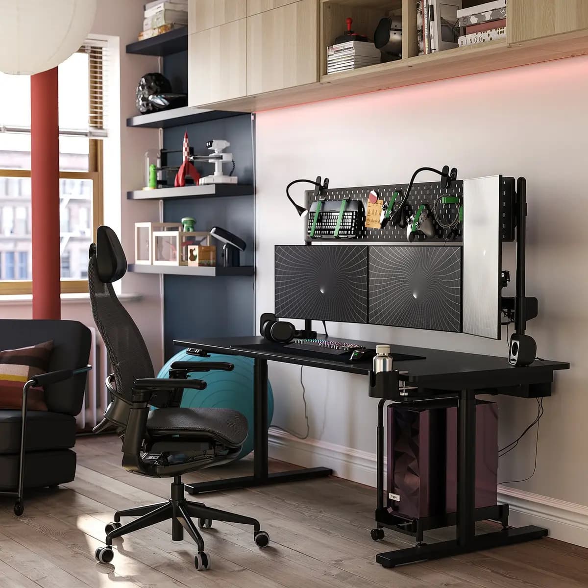 IKEA MÅLOMRÅDE Gaming desk sit/stand, with monitor arms/electric black [Width 70 7/8 ", Depth 31 1/2 ", Max. load 201 lb]