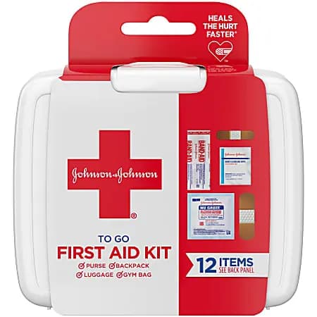 Johnson & Johnson First Aid To Go! 12-piece Mini First Aid Kit [12 pieces, White, 4 in. X 4-1/2 in. X 1-1/4 in.]