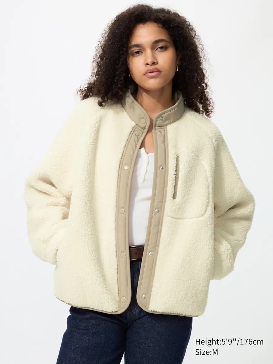 Uniqlo Pile Lined Fleece Combination Jacket Off White [Imported, Snap buttons for easy fastening and unfastening., Bonded material provides warmth and comfort.]