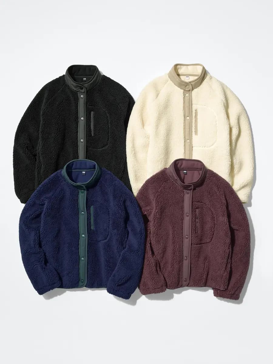 Uniqlo Pile Lined Fleece Combination Jacket Off White [Imported, Snap buttons for easy fastening and unfastening., Bonded material provides warmth and comfort.]