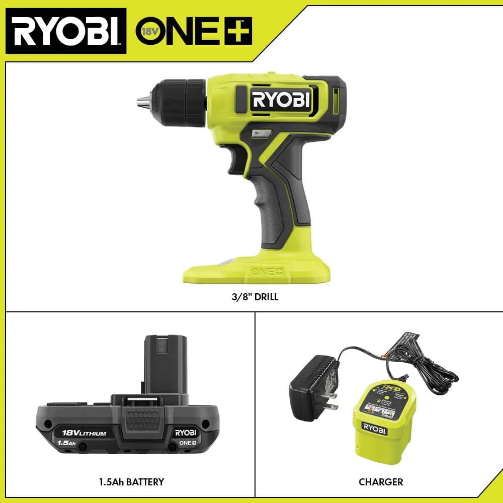 RYOBI 18V ONE+ 3/8" CORDLESS DRILL/DRIVER KIT WITH 1.5Ah BATTERY AND CHARGER [Capacity 1.5Ah, Voltage 18V, Fuel Gauge Integrated LEDs]