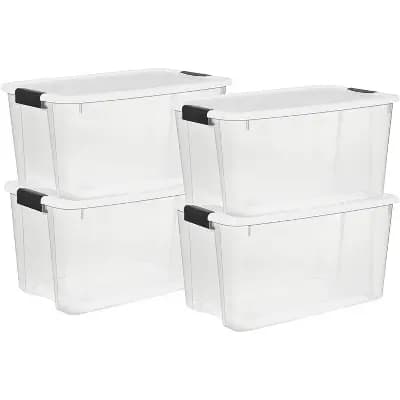 Sterilite 70-Qt Ultra Latching Storage Boxes with Lids, Clear Heavy-Duty Plastic Organizing Bins for Closet, Bath & Office, 4-Pack [70 quart, Plastic, Care Instructions Not Provide