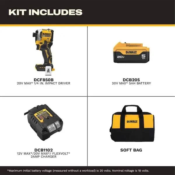 DEWALT ATOMIC 20V MAX Lithium-Ion Cordless 1/4 in. Brushless Impact Driver Kit, 5 Ah Battery, Charger, and Bag, DCF850P1 [Battery Amp Hours: 5 Ah, Battery Power Type: Lithium Ion, 