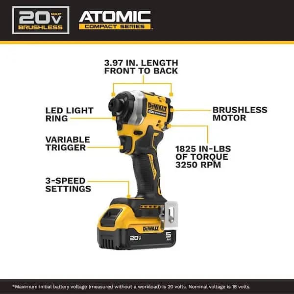 DEWALT ATOMIC 20V MAX Lithium-Ion Cordless 1/4 in. Brushless Impact Driver Kit, 5 Ah Battery, Charger, and Bag, DCF850P1 [Battery Amp Hours: 5 Ah, Battery Power Type: Lithium Ion, 