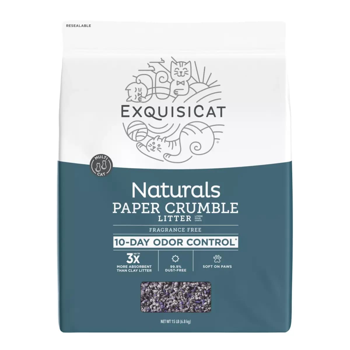 ExquisiCat Litter Multi-Cat Paper Crumbles Cat Litter - Unscented, Low Dust, Natural [Brand ExquisiCat®, Product Type Cat Litter, Net Weight 15 LB (6.8 kg)]
