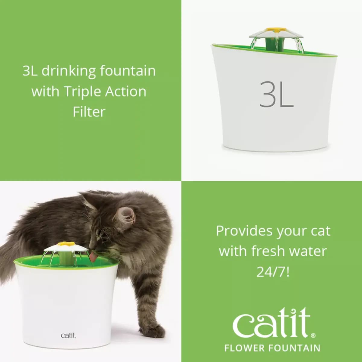 Catit Flower Fountain, 3L [Includes (1) 3L Flower Fountain, Energy-Efficient, Intended Pet(s) Cat, Material(s) BPA-Free Plastic, Color Green & White]