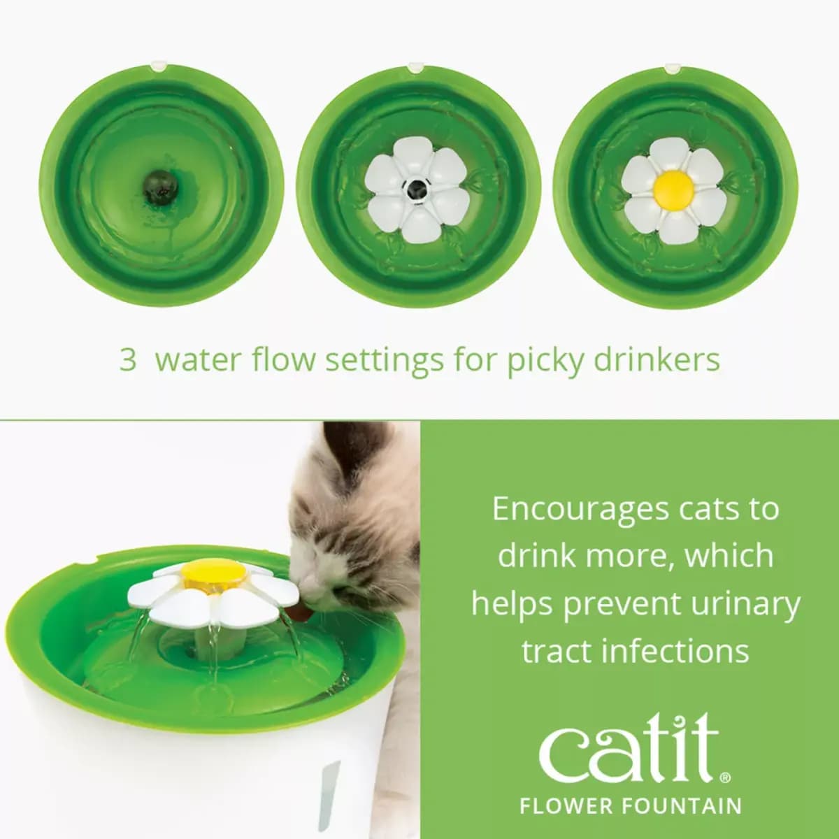 Catit Flower Fountain, 3L [Includes (1) 3L Flower Fountain, Energy-Efficient, Intended Pet(s) Cat, Material(s) BPA-Free Plastic, Color Green & White]
