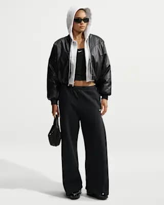 Nike Studio Fleece Medium Weight Women's Loose Pleated Snap Pants Total Black/Sail [Body: 80% Cotton/20% Polyester. Pocket Bags: 100% Cotton., Machine wash, XXS (00)-XXL (20–22)]