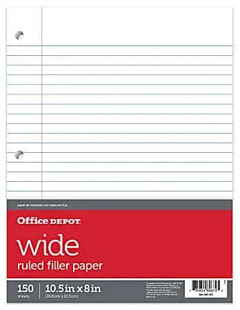 Office Depot® Brand Notebook Filler Paper, Wide Ruled, 8" x 10 1/2", 3-Hole Punched, White, Pack Of 150 Sheets [sheet size 8" x 10-1/2", Color (Paper) White, Color (Ink) Blue; Red,