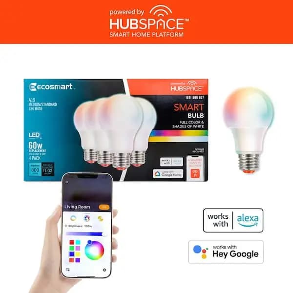 EcoSmart 60-Watt Equivalent Smart A19 E26 Base Color Changing CEC LED Light Bulb with Voice Control (4-Bulb) Powered by Hubspace, 12A19060WRGBWH4 [Actual Color Temperature (K): 220
