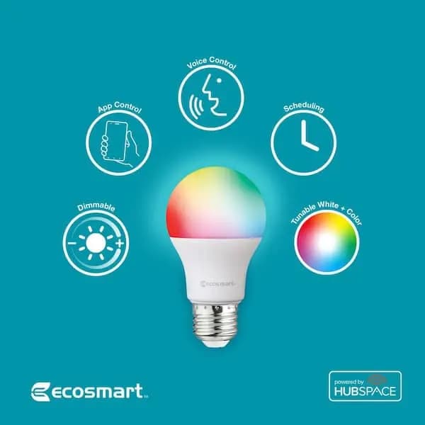 EcoSmart 60-Watt Equivalent Smart A19 E26 Base Color Changing CEC LED Light Bulb with Voice Control (4-Bulb) Powered by Hubspace, 12A19060WRGBWH4 [Actual Color Temperature (K): 220